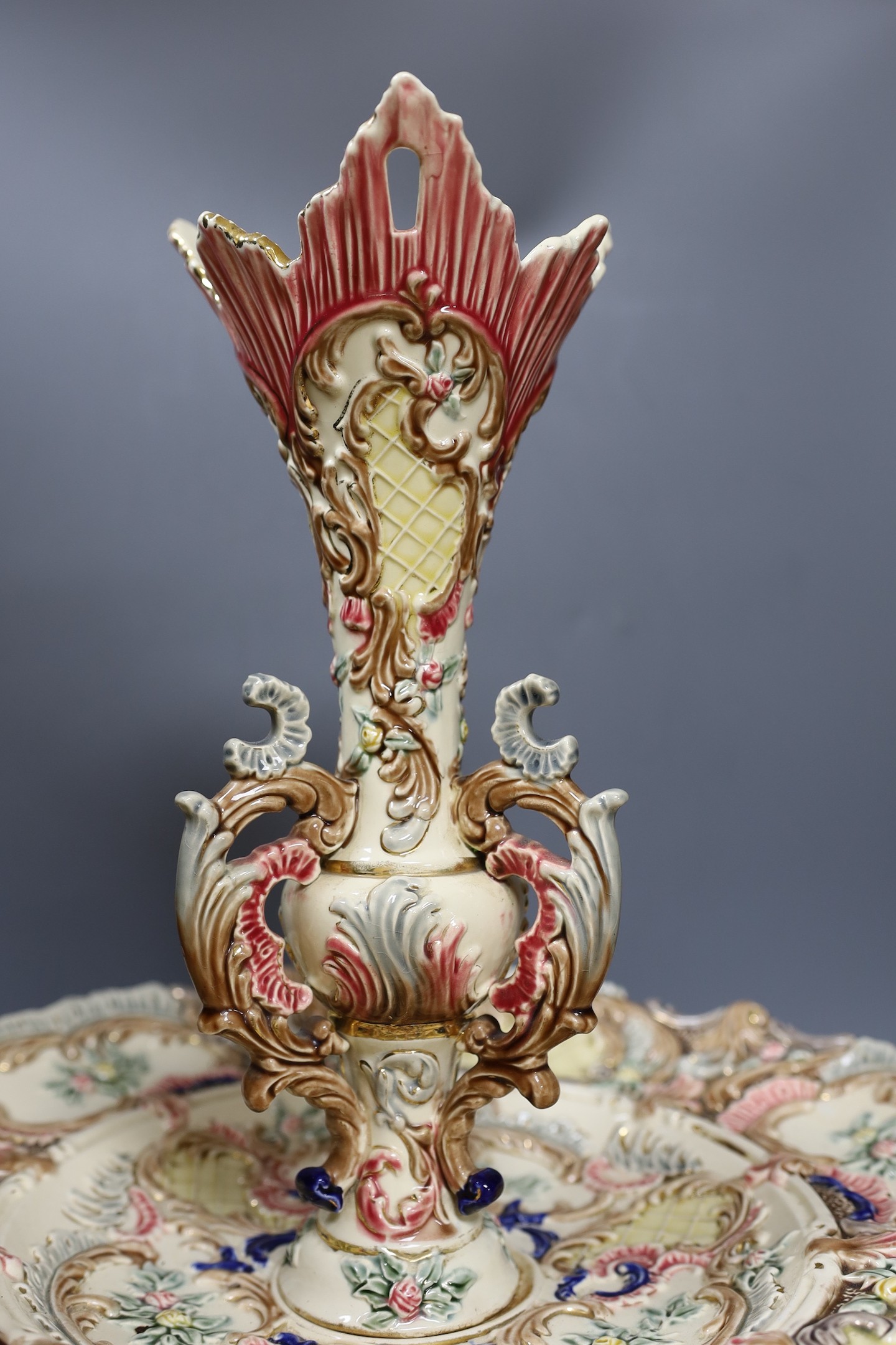 An Eichwald rococo style pottery centrepiece, 50cm